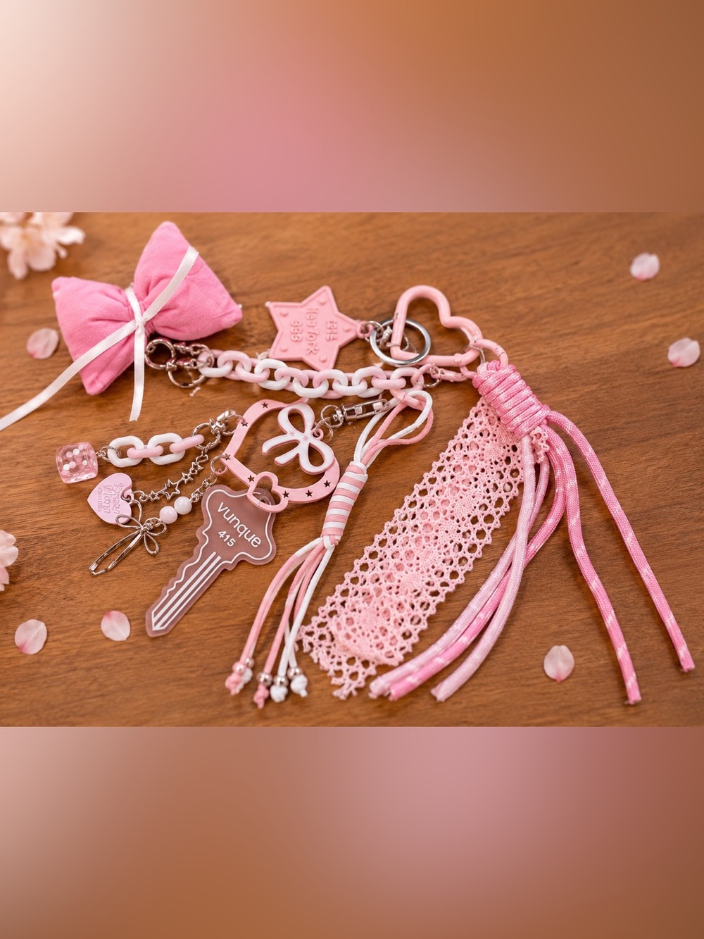 Pink Coquette Keychain Charm Bow Tassel Heart Clip Kawaii Bag Charm NWOT